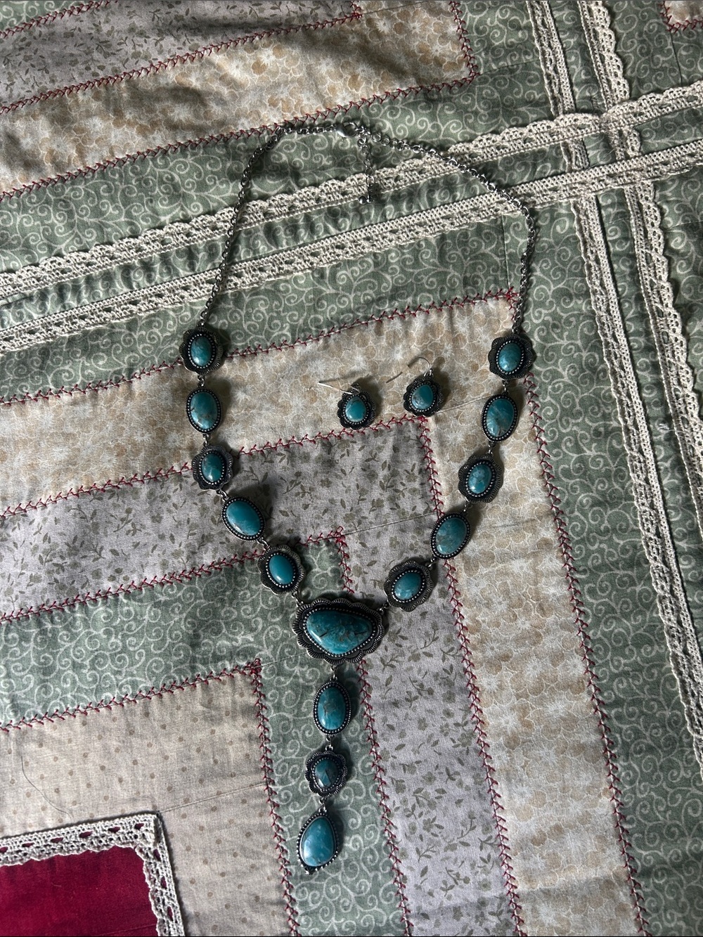 Faux Turquoise Teardrop Statement Necklace and Dangle Earrings - Women Jewelry